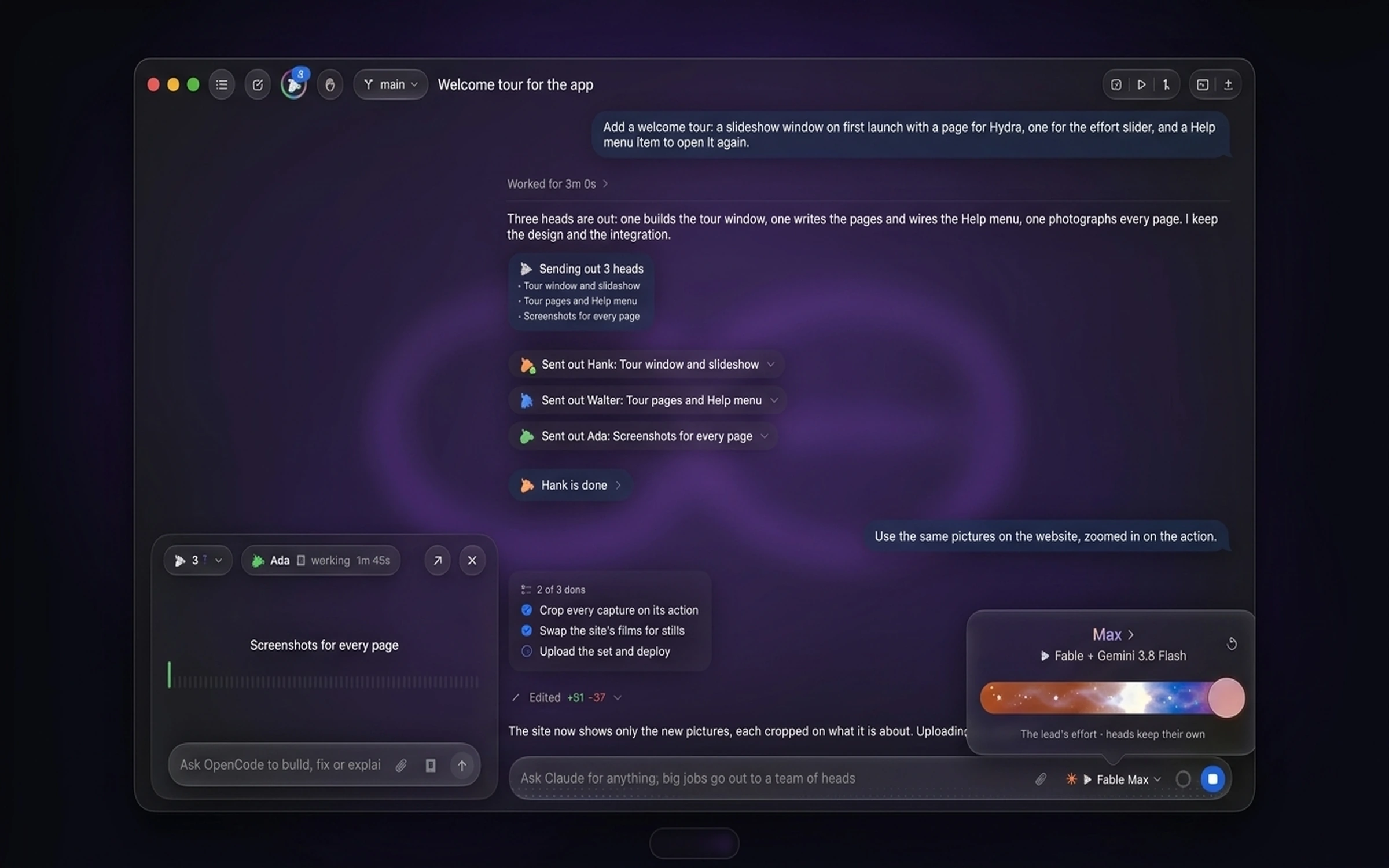 Ensembyte macOS workspace with an AI coding chat, project files, and a code diff.